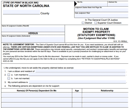 Form to declare property exempt from a judgment