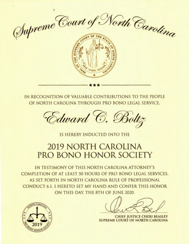 Attorney Ed Boltz North Carolina Pro Bono Honor Society
